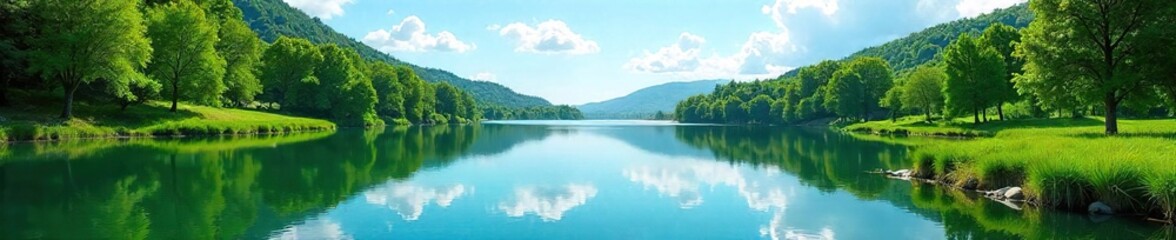 Fototapeta premium Tranquil Lake Landscape Lush Greenery, Serene Blue Sky, Peaceful Reflection, Perfect for Wellbeing and Mental Health Content