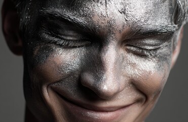 Obraz premium Person with silver glitter makeup laughing eyes closed