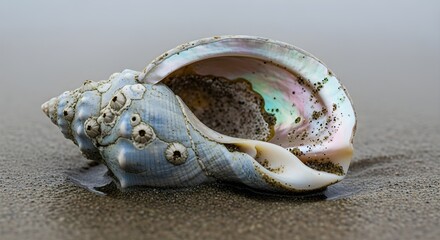 Naklejka premium Iridescent seashell resting on wet sand, showcasing natural beauty and coastal serenity.