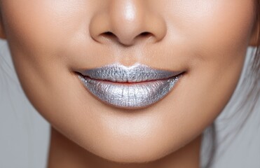 Obraz premium Woman's mouth with trendy silver metallic lipstick