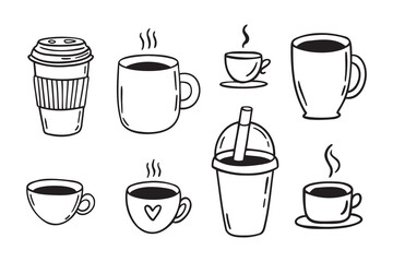 Coffee cups doodle set. coffee cup hand drawn line signs. Outline coffee cups