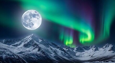 A full moon shines over snow covered mountains with aurora borealis in the night sky above them