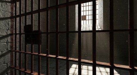 Prison Cell with Metal Bars and Sunlight Filtering Through Window