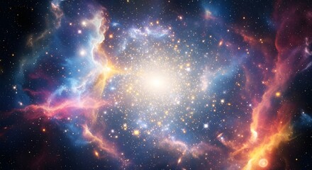 Vibrant cosmic background with a burst of stars and colorful nebulae, perfect for space-themed projects, science visualizations, and inspiring designs.