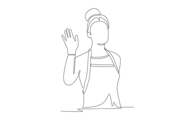 Cafe waiter waves to customer. Greeting familiar customers concept one-line drawing