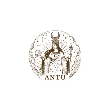 Vintage engraving of the Sumerian Goddess Antu, the ancient Mesopotamian celestial deity