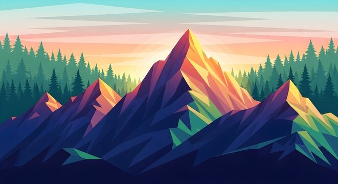 Vibrant geometric mountain range at sunrise with lush green forest background.
