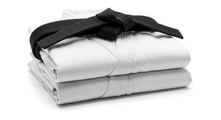 Neatly folded white martial arts uniform (gi) with a black belt, symbolizing discipline and mastery.