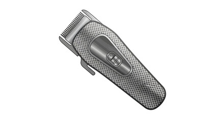 A gray electric hair clipper with a textured handle a switch and a blade is shown against a white backdrop