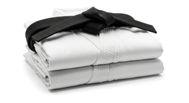 Neatly folded white martial arts uniform (gi) with a black belt, symbolizing discipline and mastery.