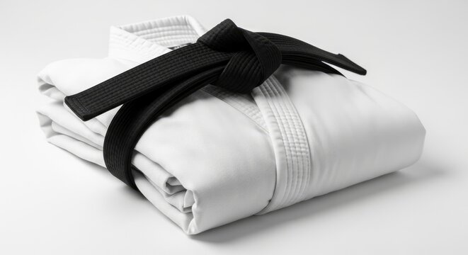Black belt tied around a neatly folded white martial arts uniform, symbolizing discipline and mas...