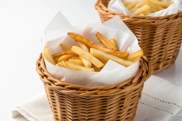 Potato french fries in a food basket on white background. Suitable for marketing or business purposes
