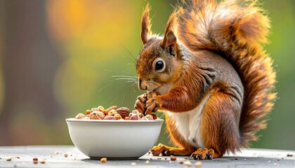 A fluffy red squirrel nibbles at nuts in a small white bowl outdoors