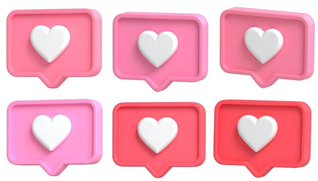 3D rendered set of six social media speech bubbles with white hearts