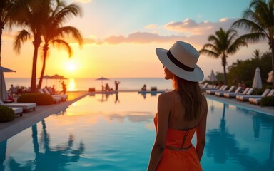 tourist in luxury beach hotel near luxurious swimming pool at sunset, tropical exotic holidays vacation, tourism and travel. High quality