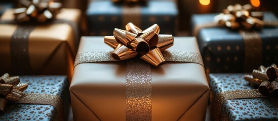 Close-up of elegantly wrapped gifts with gold bows and ribbons, illuminated by warm light.