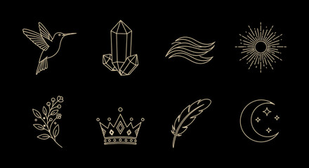 Boho mystical elements vector set with hummingbird crystal and moon art