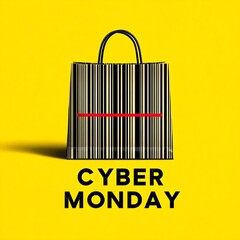 A shopping bag with a barcode pattern and a red line across it, with the text "CYBER MONDAY" below it, on a yellow background.
