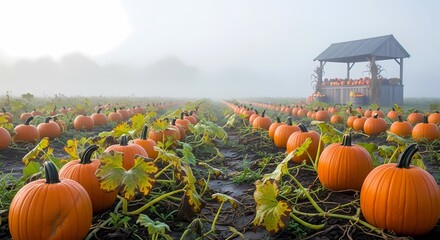 Misty Morning in a Serene Pumpkin Patch Farm
