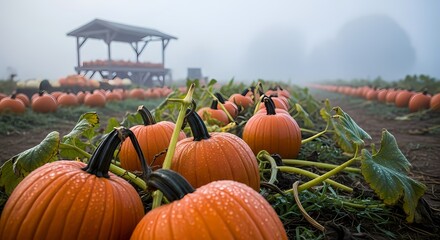Misty Morning in a Serene Pumpkin Patch Farm