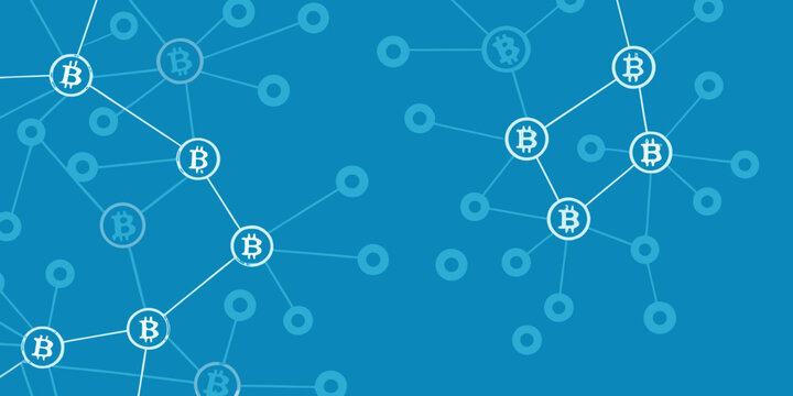 Abstract network of interconnected bitcoin symbols on a blue background representing cryptocurrency and digital finance