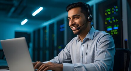 Smiling technical support agent or customer service man wearing a headset and working on a laptop in a futuristic, dark server room