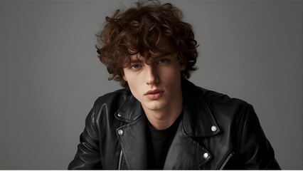Handsome man with fair skin and curly hair wearing a leather jacket, Taylor, fashion editorial