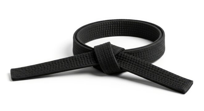 Black belt tied, symbolizing mastery and discipline in martial arts, isolated on white background.