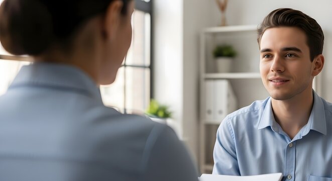 Close-up of a handsome young man smiling confidently while being interviewed by a female recruiter in a bright, modern office setting