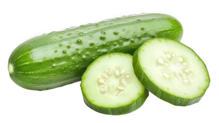 A fresh cucumber with two slices arranged  in a studio setting with good lighting on transparent background