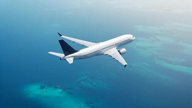 Passenger airplane flying moving forward above the blue sea background. Corner back view high angle. Modern passenger jet airplane.