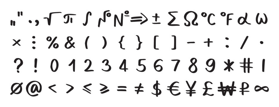 Scribble black special math symbols, numbers and signs. Symbols are handwritten characters from the keyboard