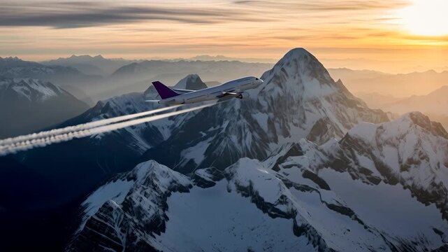 White passenger airplane Boeing 747 flying moving forward above the snowy mountain in sunset time. Side view angle. Modern passenger jet airplane.