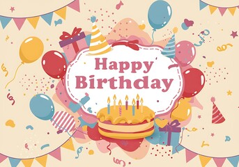 Colorful Happy Birthday Celebration with Cake Balloons and Confetti.