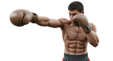 Muscular boxer powerfully throwing a punch with intense focus and determination, showcasing peak physical fitness and combat readiness for action