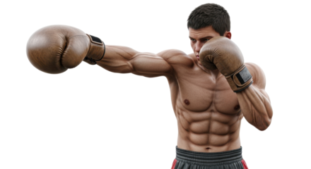 Muscular boxer powerfully throwing a punch with intense focus and determination, showcasing peak physical fitness and combat readiness for action