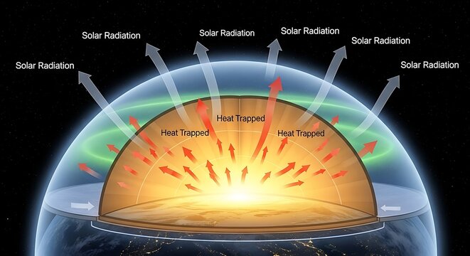 Earths Greenhouse Effect - Solar Radiation and Heat Trapping Illustration.