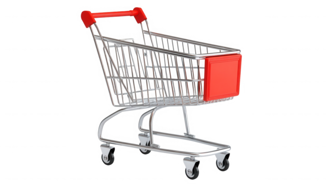 A miniature shopping cart with a red handle and front panel isolated  on transparent background - Powered by Adobe