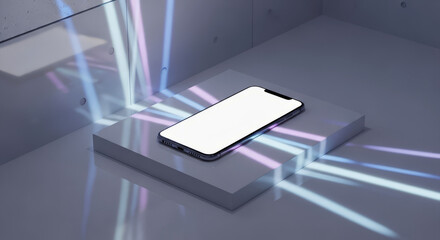 A modern smartphone with a blank white screen is displayed on a gray platform with neon light effects