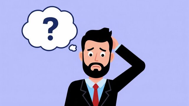 Puzzled professional in a suit pondering a challenging business dilemma, with a question mark in a thought bubble symbolizing confusion, doubt, or the search for an effective solution