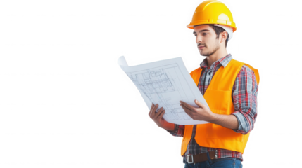 A construction worker in a yellow hard hat and orange vest looking at a blueprint on transparent background