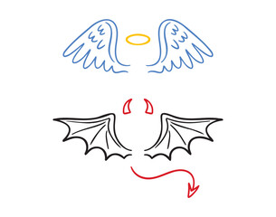 Naklejka na ściany i meble angel and demon wings doodle hand drawn icon set. Outline drawing line clipart symbol collection. good and evil concept Naklejka na ściany i meble angel and demon wings doodle hand drawn icon set. Outline drawing line clipart symbol collection. good and evil concept
