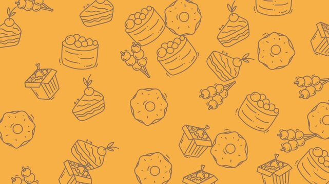 Animated Asian Food Doodle Pattern. Seamless Loop with Scrolling Sushi, Donut, and Dango Icons (Orange).