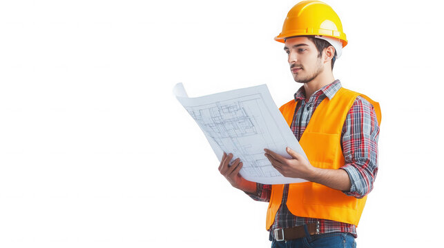 A construction worker in a yellow hard hat and orange vest looking at a blueprint  on transparent background