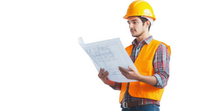 A construction worker in a yellow hard hat and orange vest looking at a blueprint  on transparent background