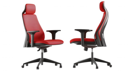 A studio shot showcasing two red and black ergonomic office chairs against a black background on transparent background