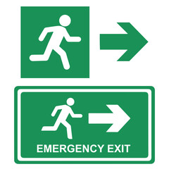 Emergency exit signs with running man and arrow pointing right.
