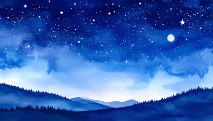 Watercolor Night Sky and Forest Landscape Background