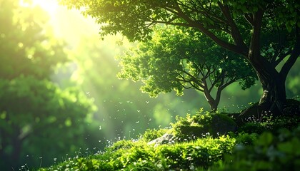 Fototapeta premium Lush forest scene bathed in sunlight