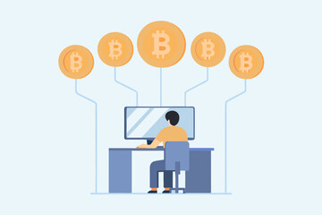 Person working on a computer connected to multiple bitcoin cryptocurrency coins symbolizing digital finance